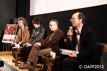 From left side, Cinematographer: Takenori Yamada, Director: Yuta Aoike, Disaster Area Residents Exchange Group: Eiji Tarumi, and a host of the festival