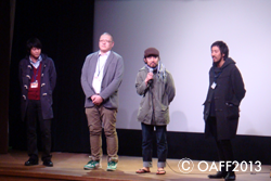 From left side, Line Producer: Shuhei Ueno, Music: Samon Imamura, Actor: Yuuya Matsuura, Director: Youhei Suzuki